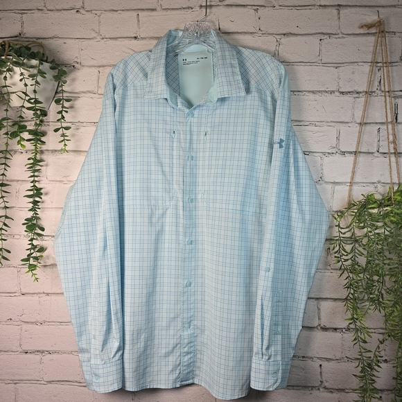 Under Armour Sky Blue Plaid Button Down Performance Shirt Mens Xl - Picture 1 of 12